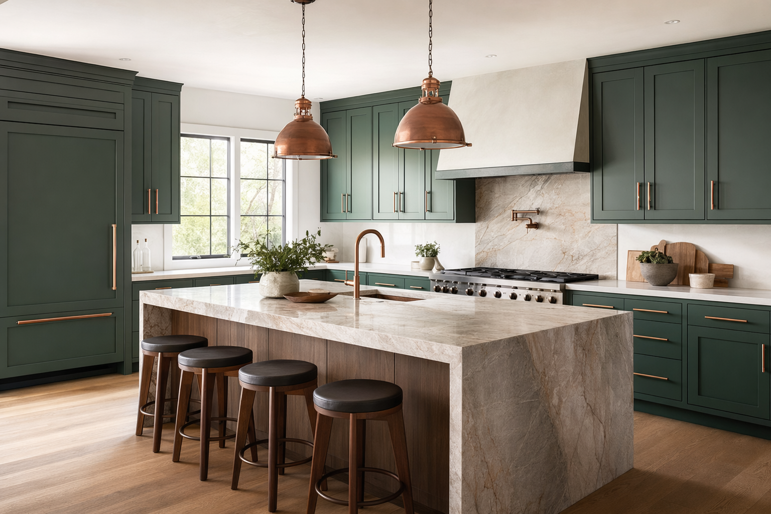 Illustration of a remodeled kitchen with green cabinetry, a stone island, and warm copper fixtures